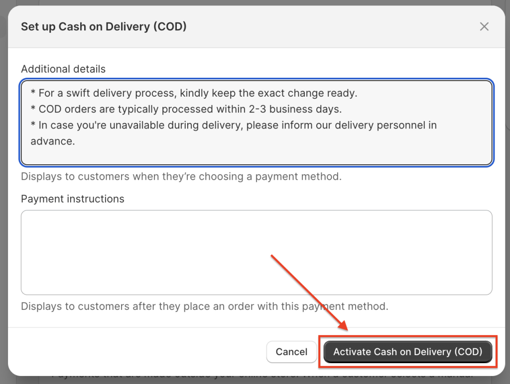 activate cash on delivery cod on your Shopify store